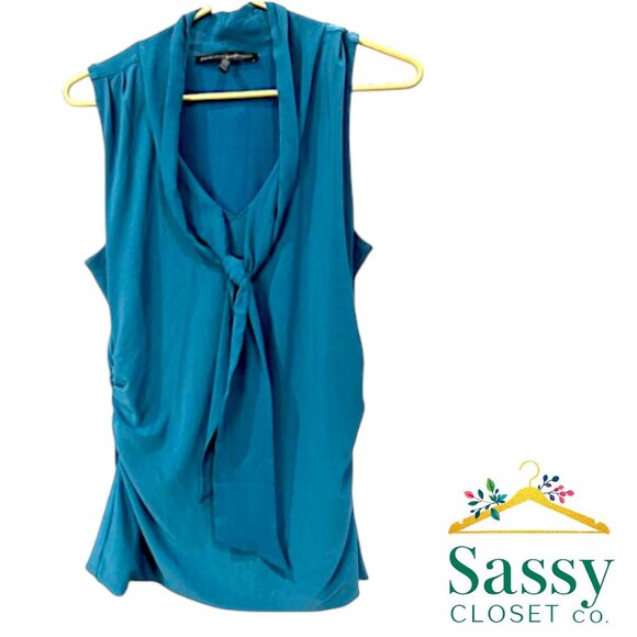 White House Black Market Tops - WHBM Teal Tie Front Sleeveless Blouse Ruched Side Polished Stretch Knit Sz M NEW